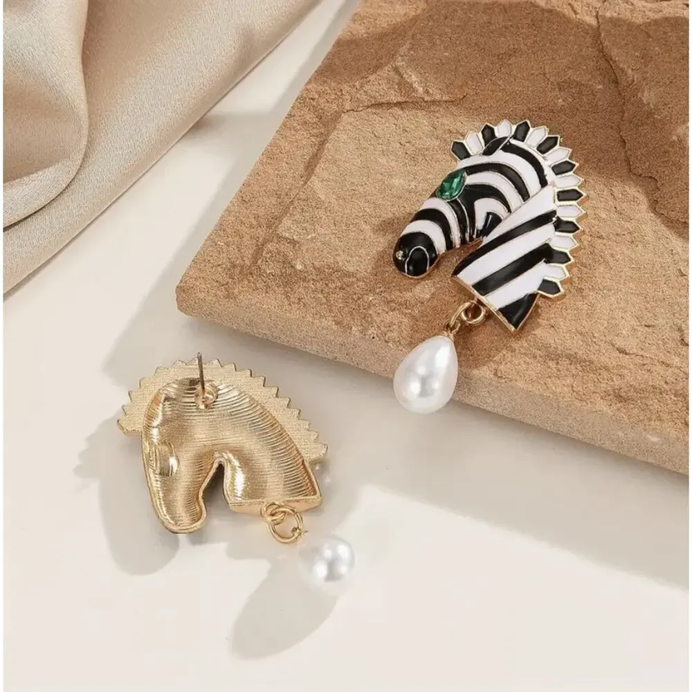 Zebra Head Earrings Zara Striped Gold Plated Enamel Dangle Boho Animal Horse CZ